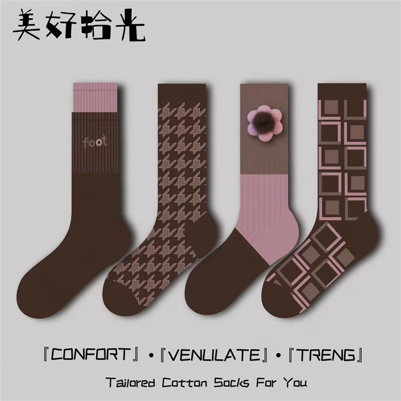 

Шерстяные носки из бутика, женские носки средней длины, теплые осенне-зимние чулки, вязаные модные, стандартные, 4 пары в коробке