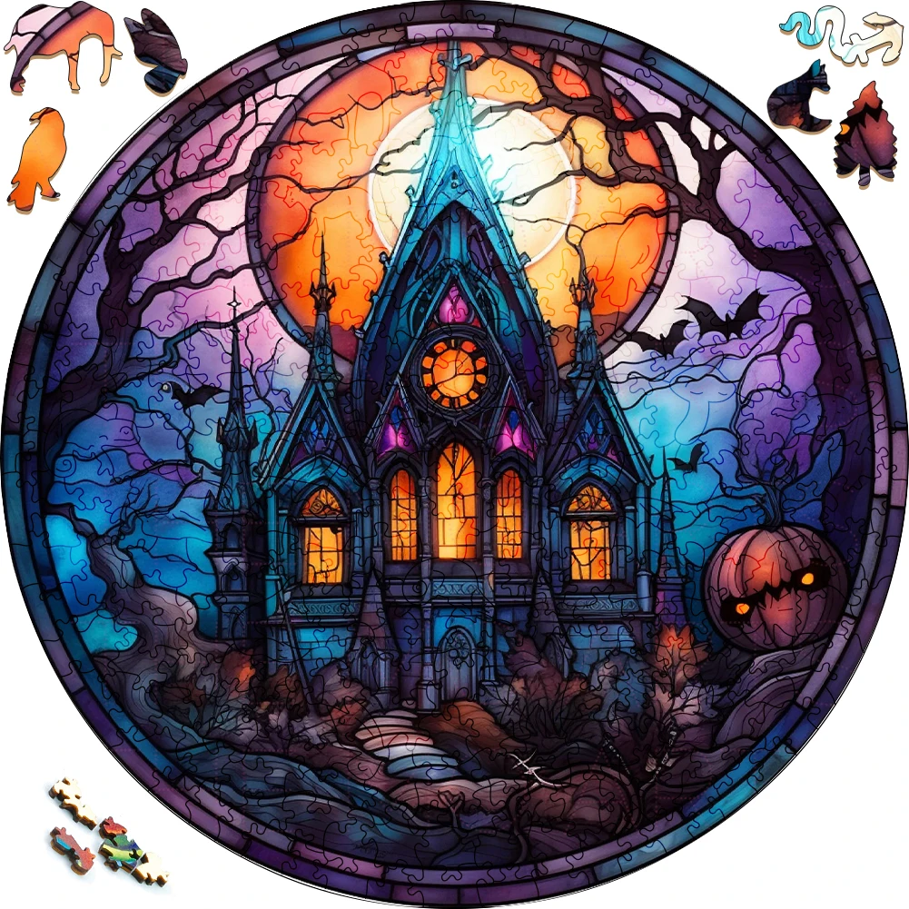 Halloween Wooden Puzzle Dark Castle Funny Toy Animal Wood Puzzles Smart Games Round Shaped Jigsaw Puzzle Best Gift For Adults