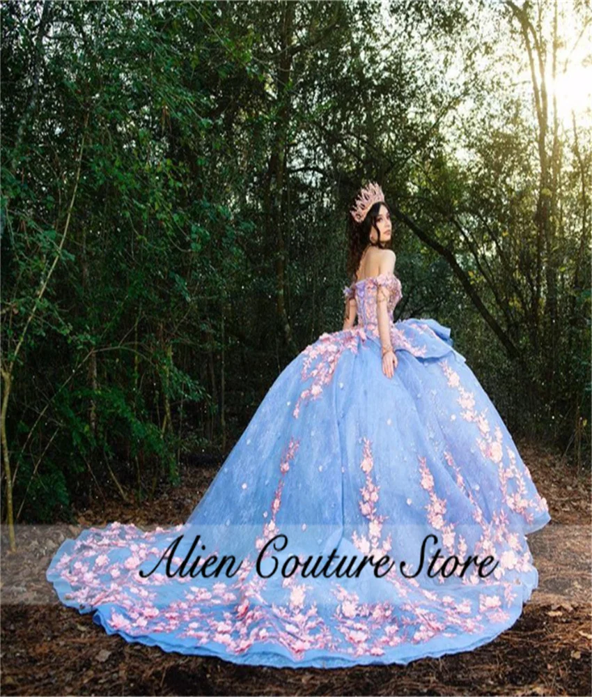 Exquisite Blue Quinceanera Dress Luxury Bead 3D Pink Flower Applique Birthday Gown Sweet 16 Dress With Cape Customized