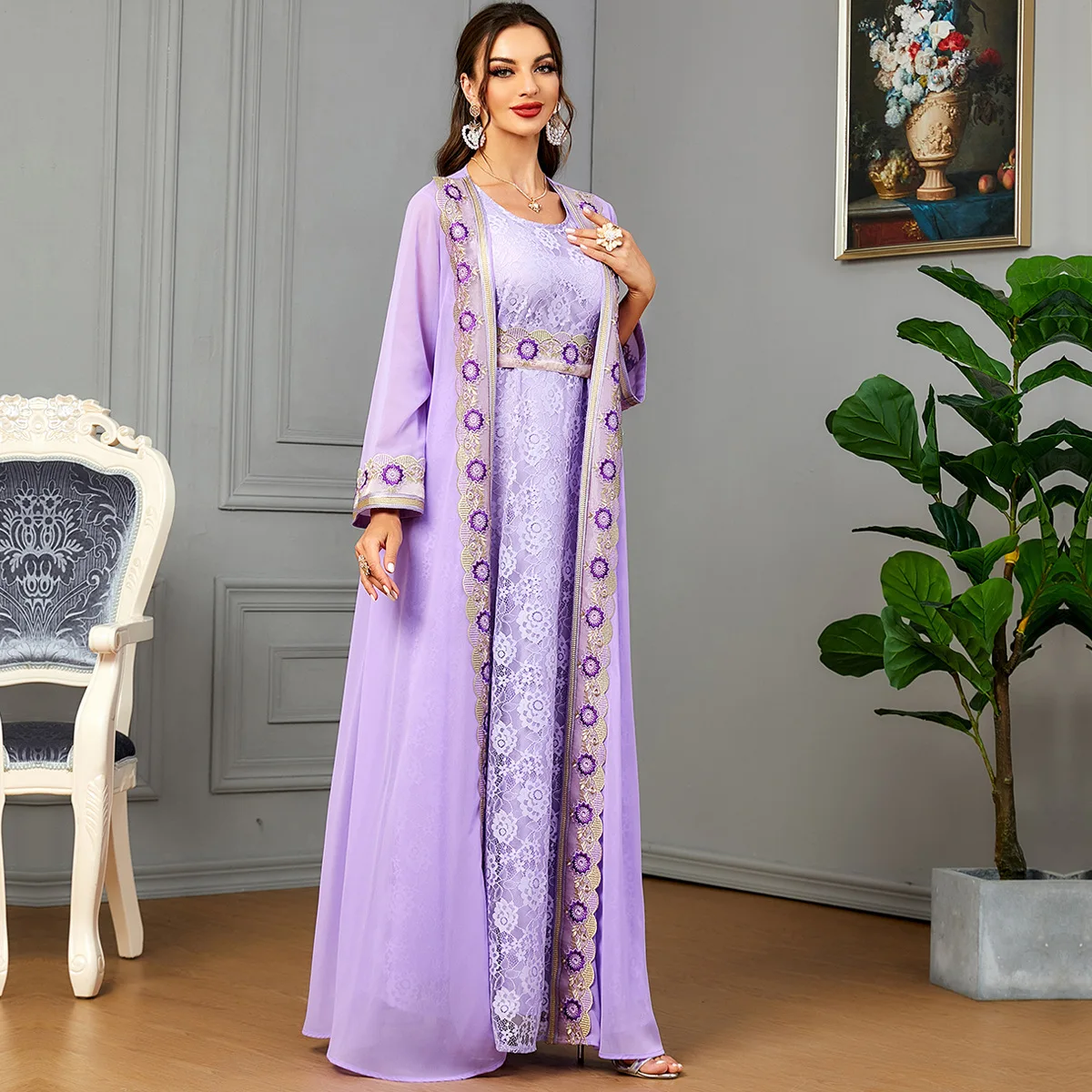 

2 Pieces Set Lace Kimono Abaya Eid Ramadan Muslim Women Party Dress Morocco Kaftan Dubai Turkey Robe Islamic Jalabiya Vestidos