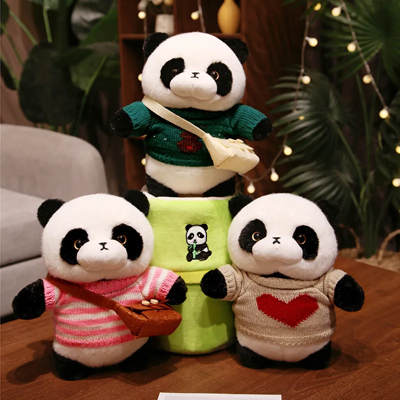 Creative 2 In 1 Cute Bamboo Tube Panda Plush Toys Kawaii Stuffed Animal Adorable Panda With Sweater Backpack Cartoon Doll Pillow parent child adorable handmade wool felt earflap beret for kids with cartoon animal design fall winter kids hat collection