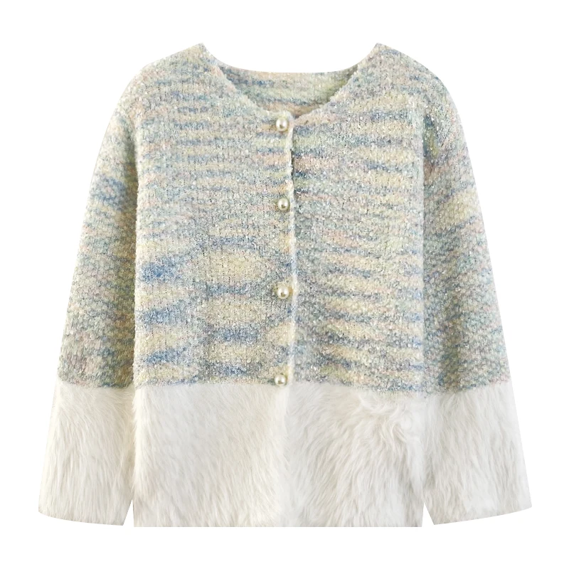 

French style pearl button splicing knitted sweater cardigan