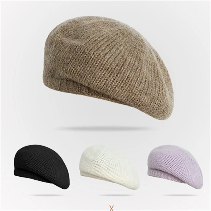 

Hats for Women Beret Wool Hat Fur Thick Winter Women's Hat Fur Solid Khaki Vintage Caps Luxury Berets Hat Gorros Invierno Mujer