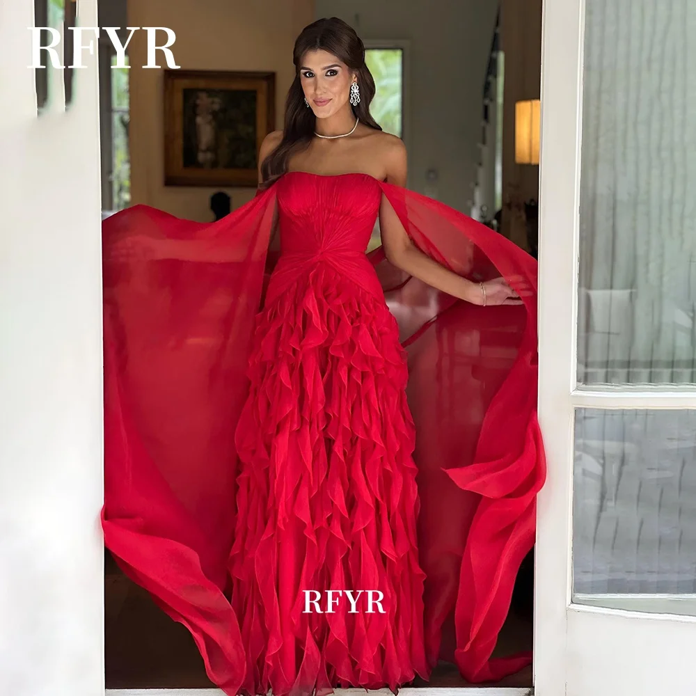 RFYR Ruffles Prom Dress Party Dress Chiffon A Line Evening Dress Detachable Shawl Women Celebrity Gala Dress Vestidos Customized 2