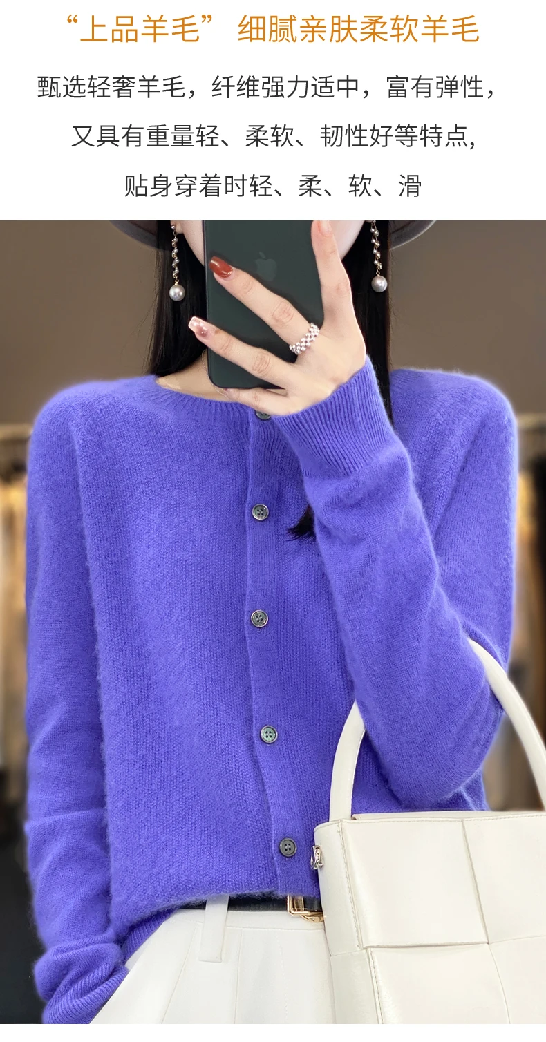 Women 100% Merino Wool Sweater Autumn Winter O-Neck First Line Seamless Cardigan Long Sleeve Clothing Cashmere Knitwear Tops
