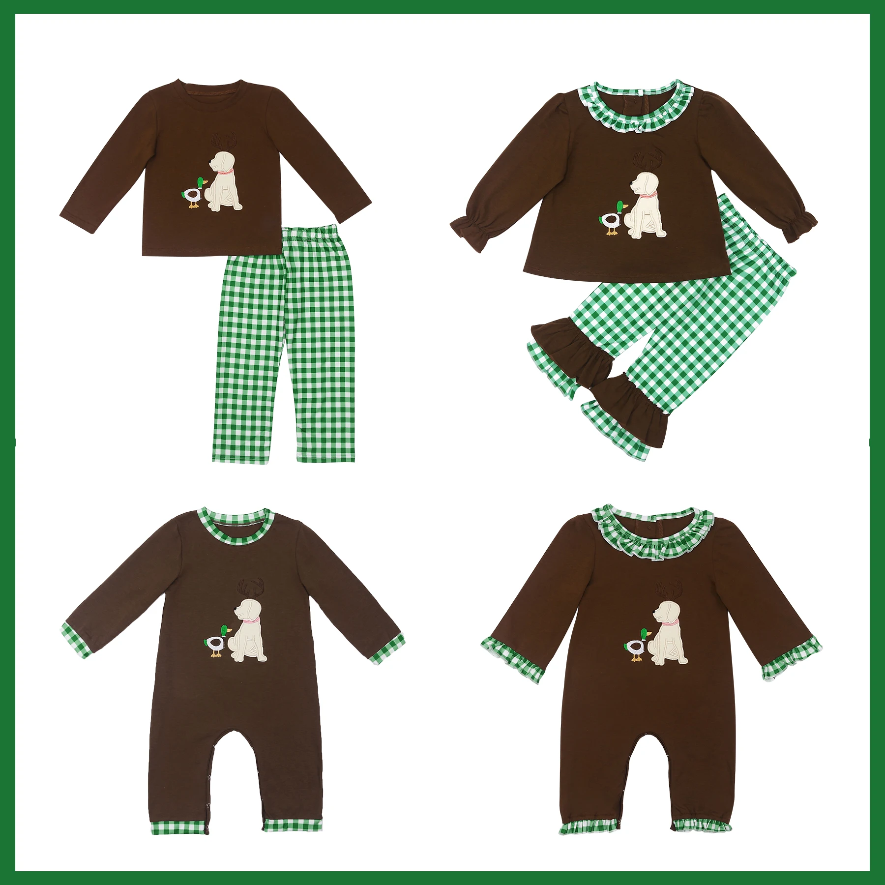 

Ropa Fall Long Sleeve Round Neck Dress Cute Puppy Duck French Knon Girl Skirts And Romper Boy Blue Top Set Green Shorts Clothes