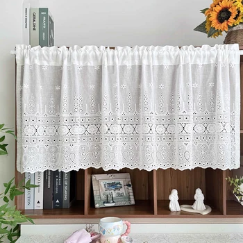 Tenda da caffè europea semplice e squisita con ricamo a fiori scavati Tenda corta in tessuto bianco elegante per armadio da cucina 1