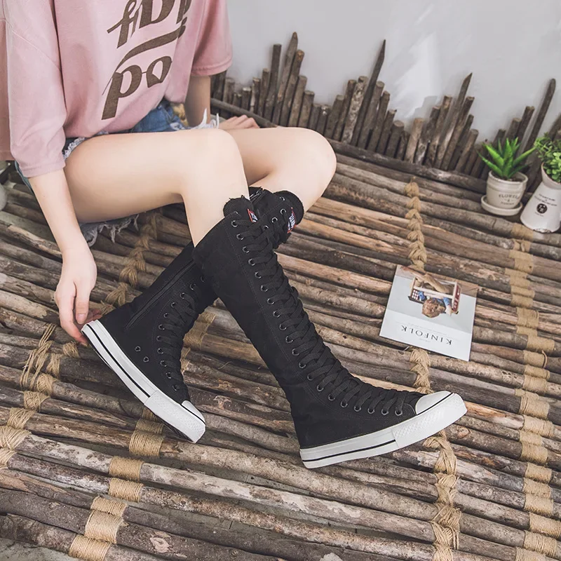 Women Knee High Canvas Boots Lace Zipper Flat Shoes