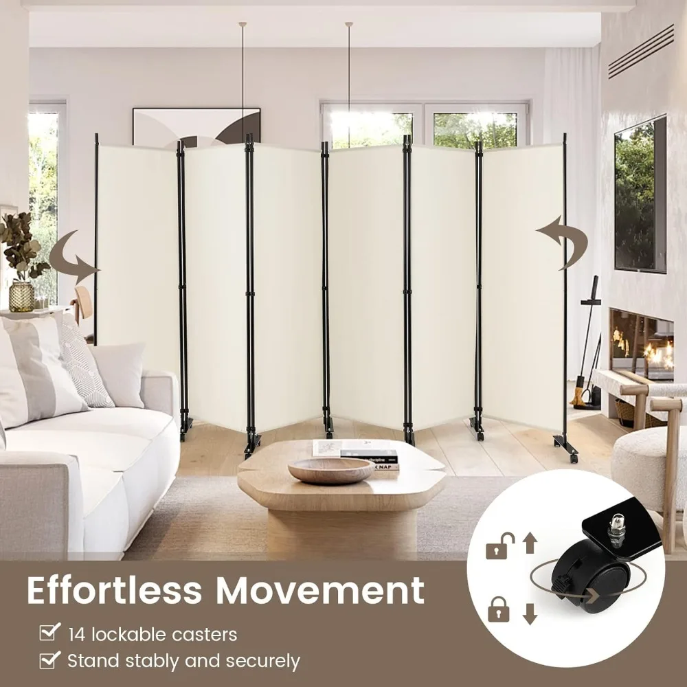 6 Panel Room Divider, 132''W x 68''H Large Folding Privacy Screen, Rolling Partition Room Dividers for Home Office Separation