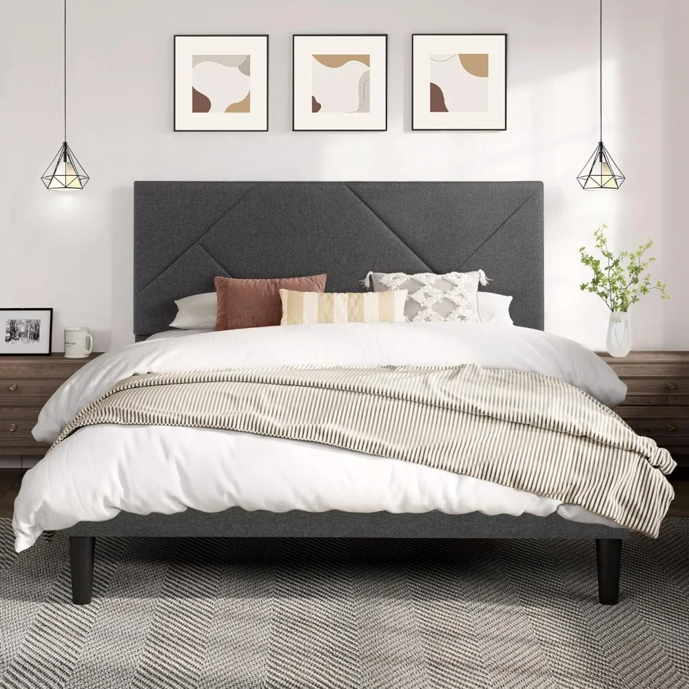 

Full Size Bed Frame with Geometric Headboard, Heavy-Duty Platform Bed, No Box Spring Needed, Dark Grey Upholstered Bed Frame
