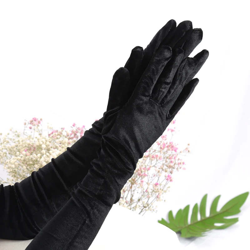 Women Velvet Long Autumn Winter Warm Black Evening Dress Etiquette Gloves Retro Style Banquet Accessories Elasticity Mittens
