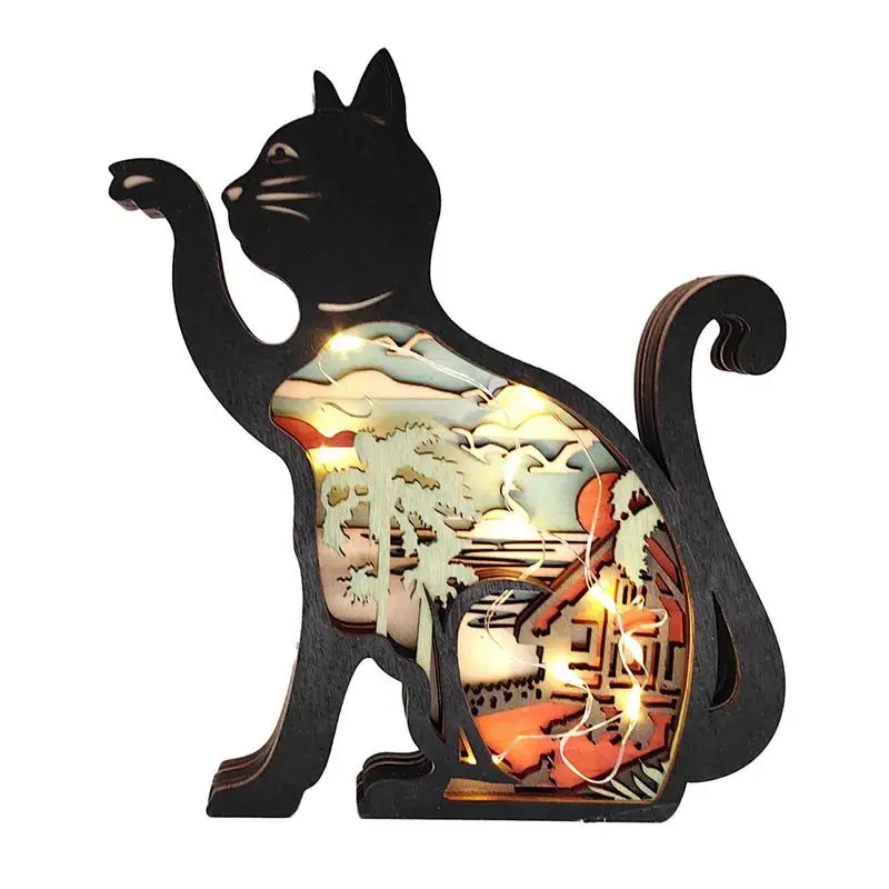 

Деревянная кошачья лампа с отверстиями, котенок, Декор, креативный декор для гравировки лесных животных со строительными звеньями, скульптуры для дома, для рабочего стола