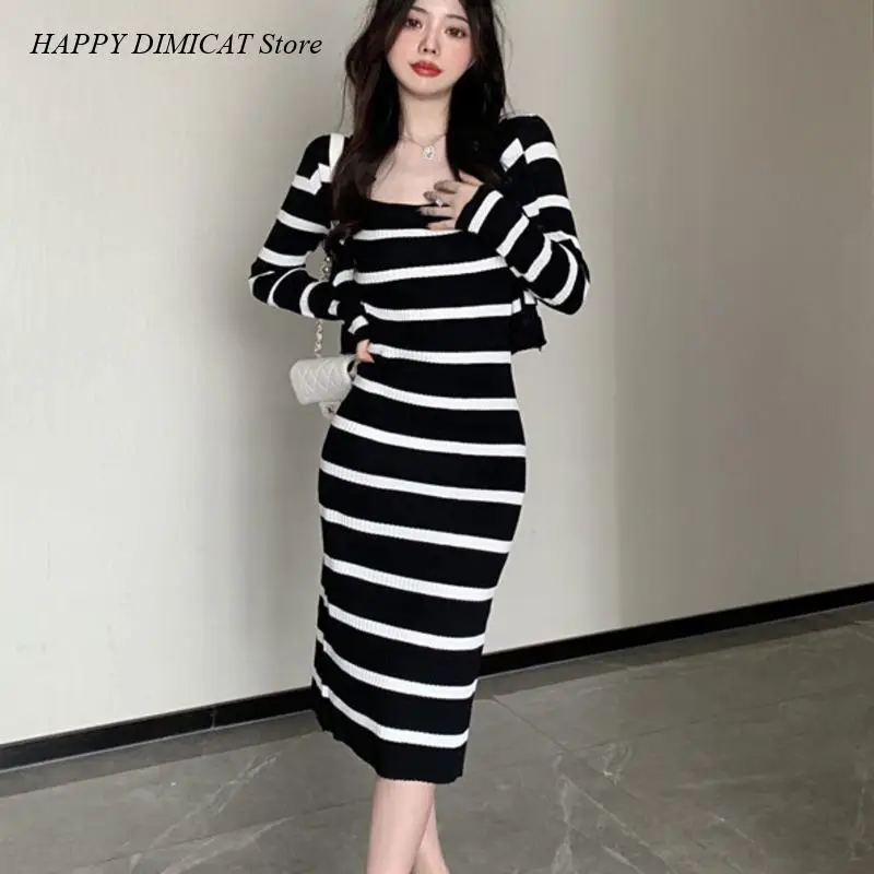 Long Dress Two Piece Set Casual New Spring AutumnStriped Knitted Women's Suit Long Sleeve Cardigan Tops + Sexy Spaghetti Strap sansa spaghetti strap ball gown prom dress sweet puffy multilayer vestidos de noche pink white sleeve فساتين سهره فاخره