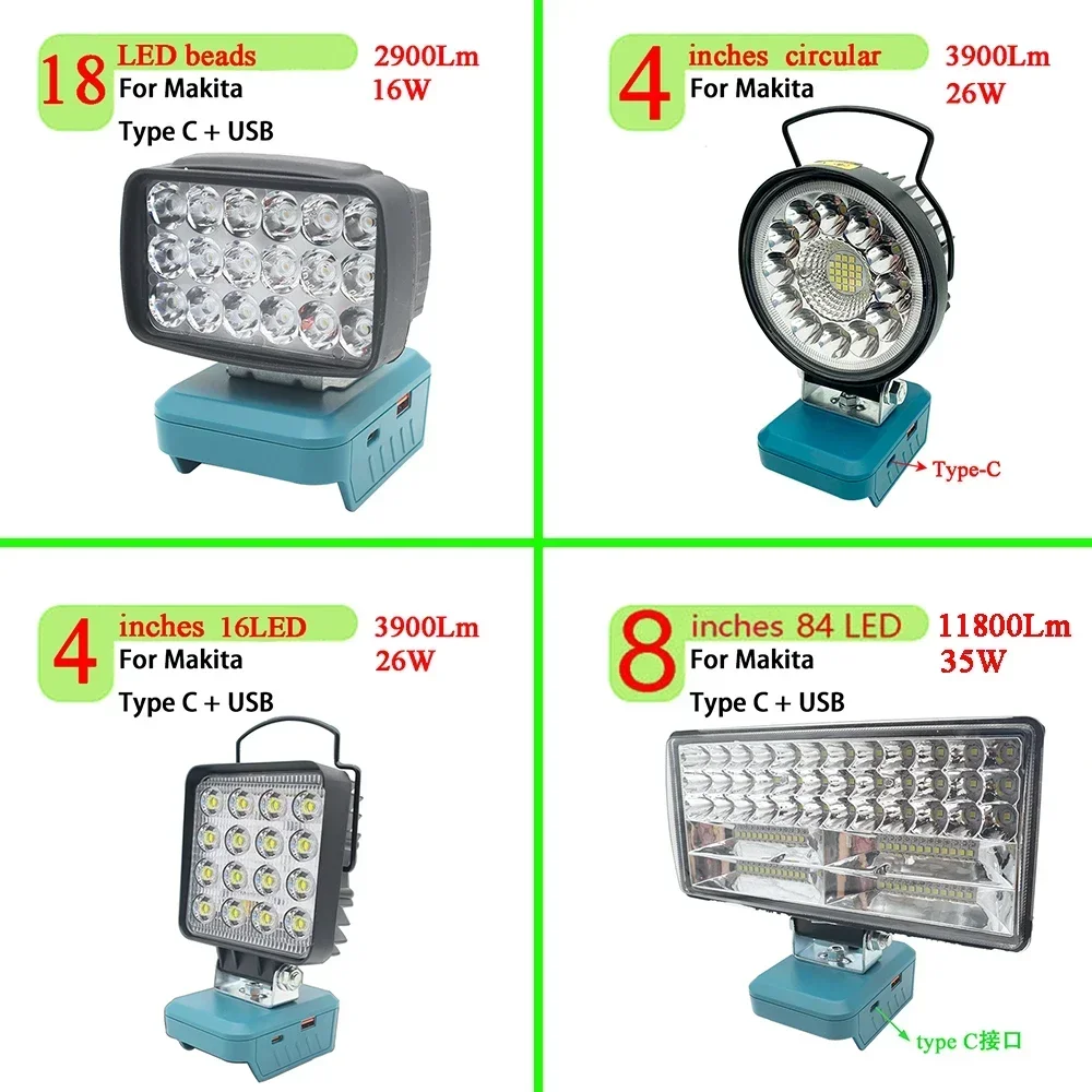 Car LED Work Lights Electric Torch Spotlight Flashlights For Makita 14.4V 18V Li-ion Battery Adapter BL1815 BL1830 BL1430 BL1860 led spotlight
