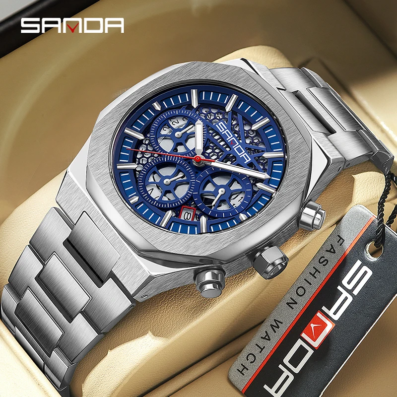 

SANDA Business Men Quartz Wrist watch Stainless Steel Luminous Hands Calendar Waterproof Chronograph Function Male Sports Watch