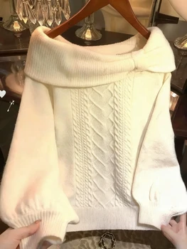 Winter Sweet Kawaii Patchwork Sweater Women Japanese Fashion Vintage Hot Girl Knitted Tops Y2k Elegant Cute Bow Pullover New 1