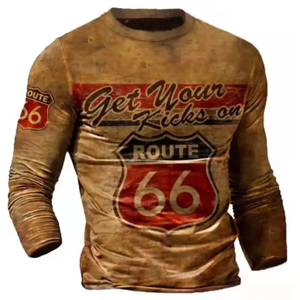Fashion Vintage Men's T Shirts Oversized Loose Clothes Vintage Long Sleeves Us Route 66 Letters  3d Printed T Shirts Eu Size 5xl