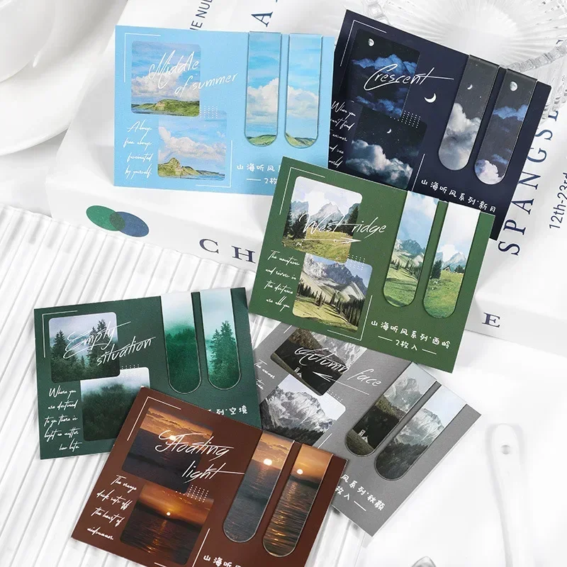 Landscape Bookmarks for Kids Ocean Sunset Mountain Sky Natural Scenary Bookmark Magnetic Bookmark Student Supplies 2pcs/set