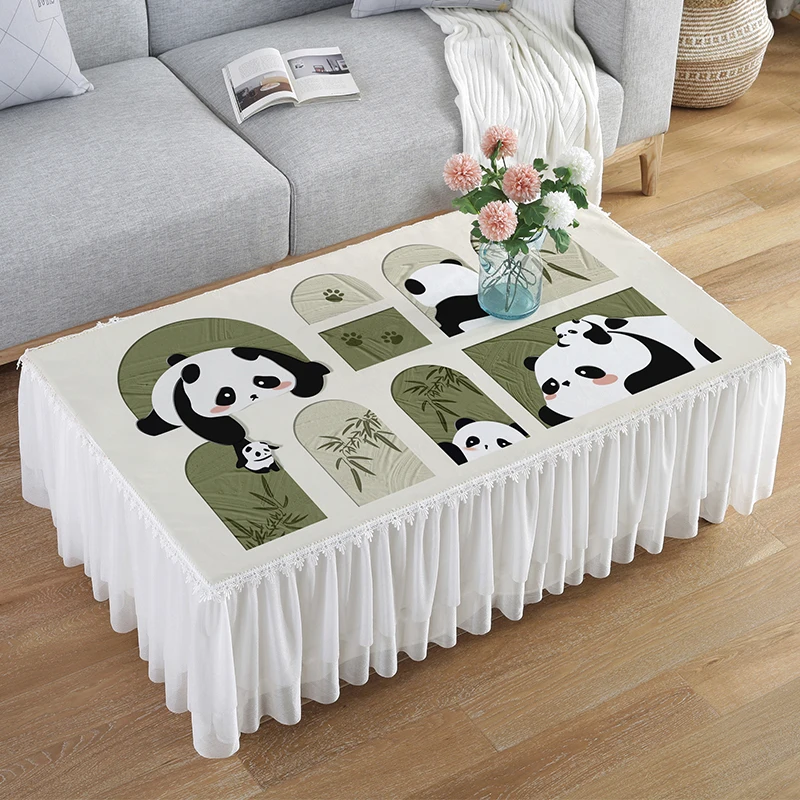 

New Cartoon Panda Tablecloth Rectangular Waterproof Dining Table Cloth Lace Edge Double-layer Chiffon Skirt Hem Table Cover