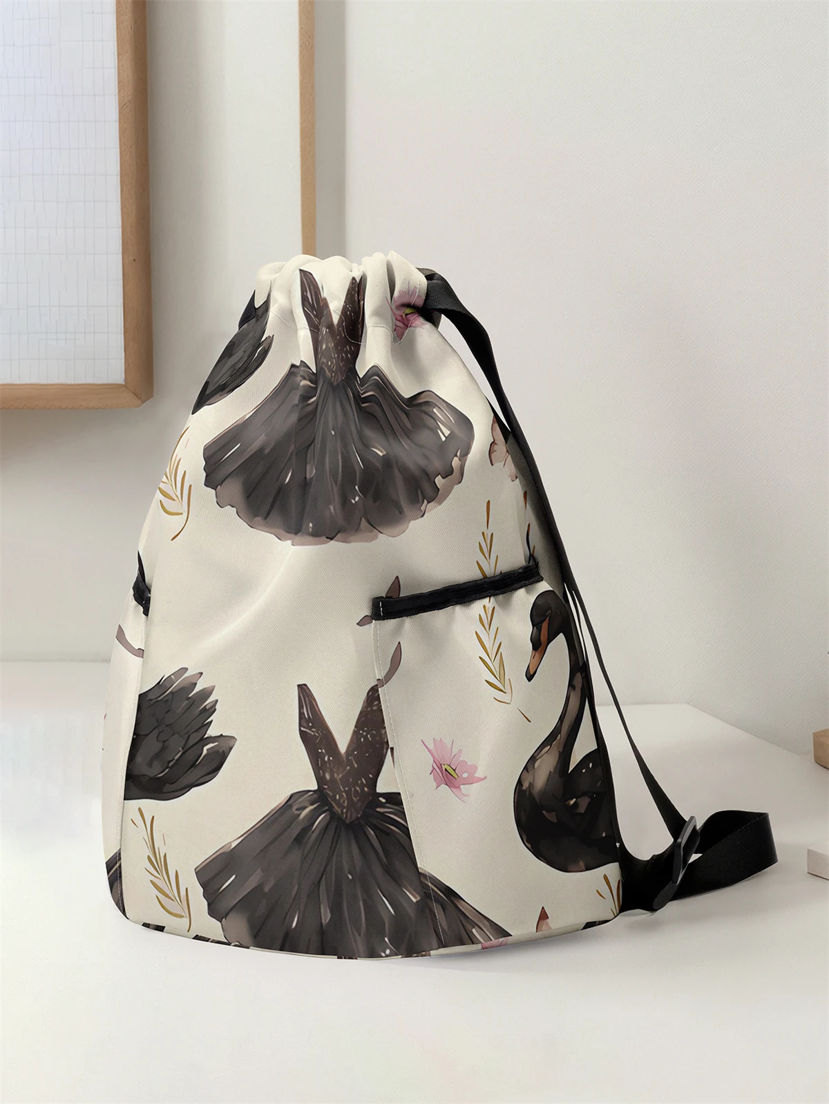 Black Swan Pattern Drawstring Backpack - Large Capacity Durable Fitness Bag, Adjustable Shoulder Straps, Sports Beach Backpack