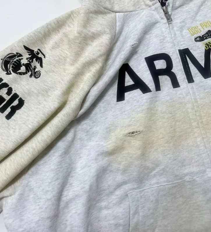 Grailz Project G/R Vintage Distressed Fade-Washed Vintage-Look Zipper Hoodie Oversized High-Street Deconstructed Sweatshirt