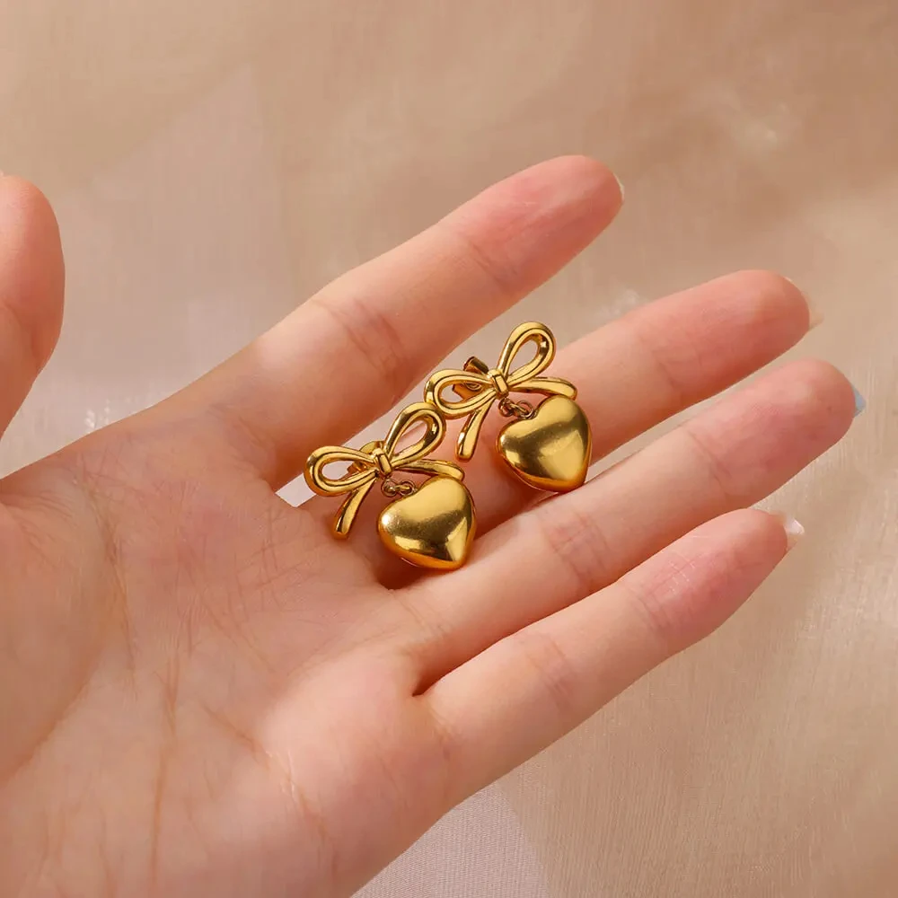 Stainless Steel Bow and Heart Earrings for Women