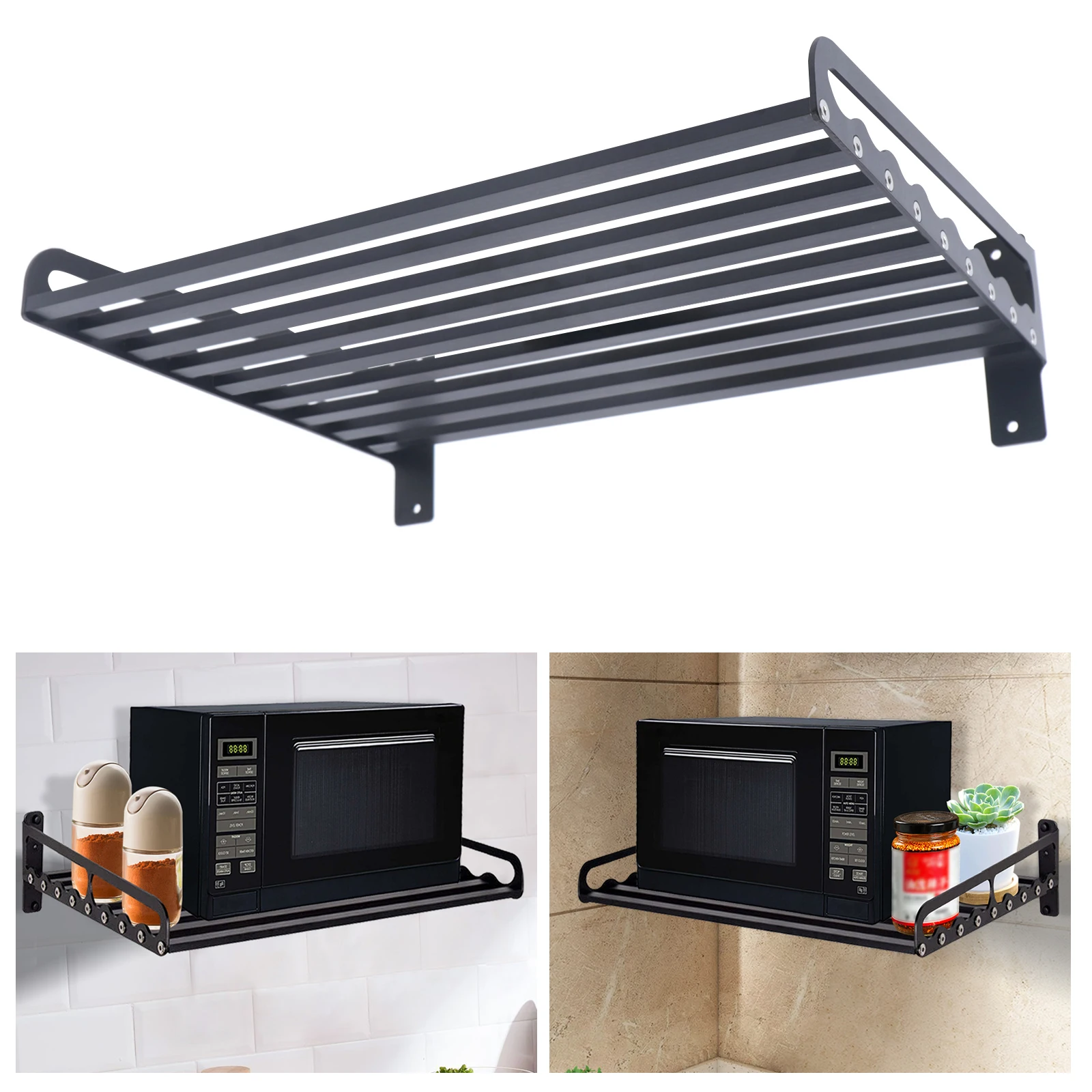 Estante de almacenamiento para cocina, soporte para horno microondas, estante montado en la pared de aluminio negro, longitud de 50cm