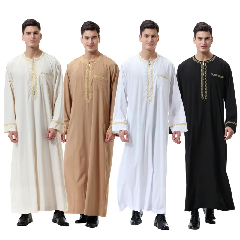 

2023 Middle Muslim Men Clothing Solid Color Long Sleeve Round Neck Thobes for Men Zipper Expensive Jubba Men for Saudi Arabia