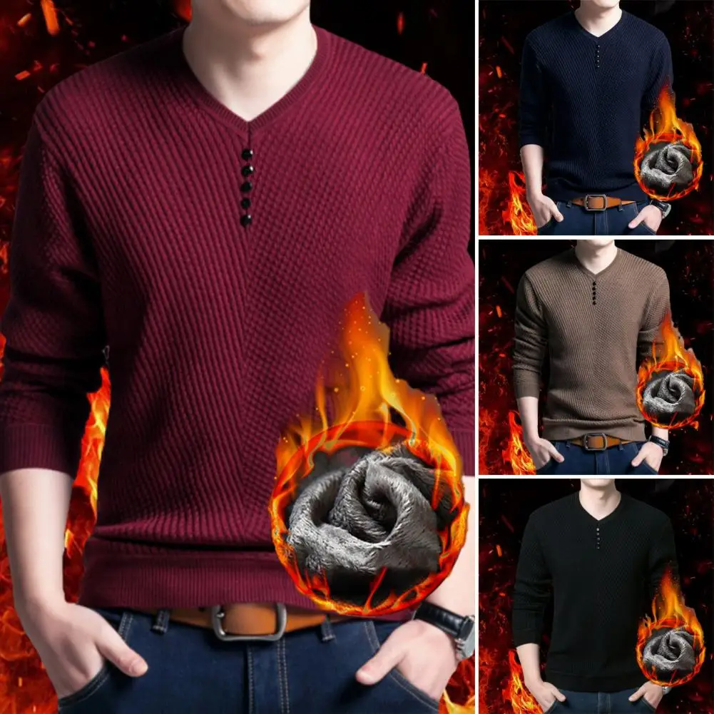 

Men Solid Color Sweater Button Decoration Men Sweater Stylish Men's V-neck Knitwear Warm Fleece Lining Button Decor for Autumn