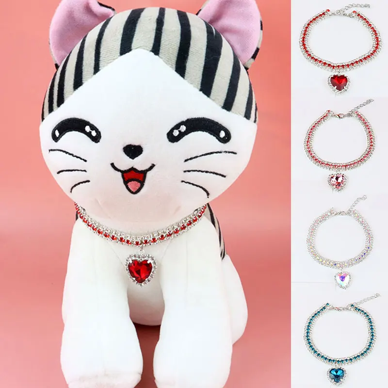

Pet Love Pendant Collar Crystal Heart Pendant Cat DogThree Rows Diamond Necklace Rhinestone Adjustable Princess Pet Jewelry