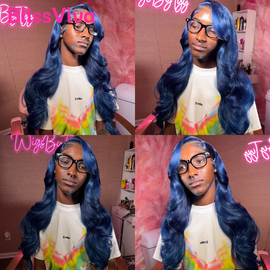 13x4 13x6 360 Navy Blue Colored Human Hair Wigs Remy 30 40 Inch Lace Front Human Hair Wig Body Wave Dark Blue Lace Frontal Wigs