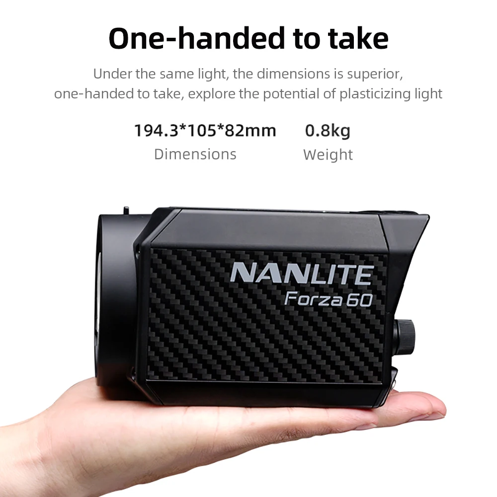NANLITE Forza 휴대용 야외 LED 조명, 단일 COB 조명, 보웬스 브래킷 포함, 60W, 5600K 사진 조명