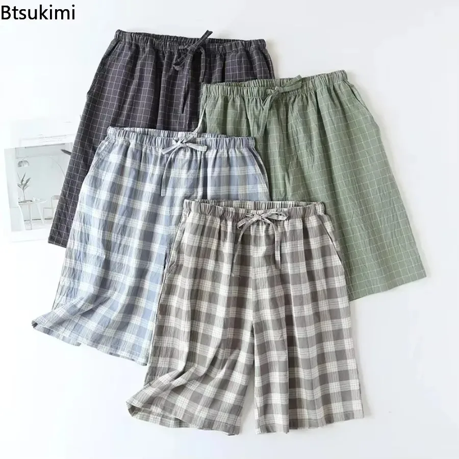 Mens Sleep Shorts Pajama Pants 2025 Men's Sleepwear Plaid Design Cotton Casual Loose Double-layer Home Bottoms