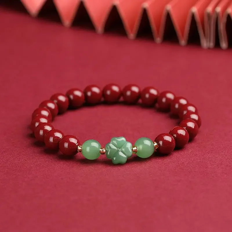 

Браслет с бусинами из циннабара, цепочка с одним кольцом, с фиолетовым золотым песком, 8 мм, с четырехлистным клевером, в винтажном стиле, для девушек