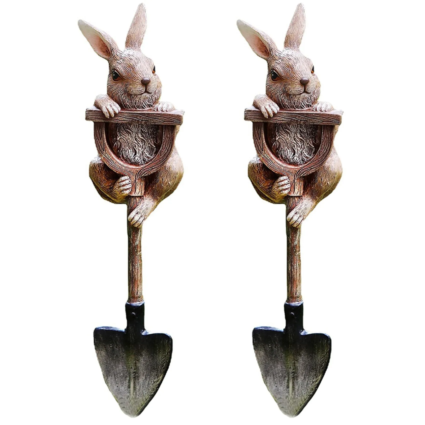 ABGE-2X Bunny Statue Whimsical Garden Decor For Outside, Resin Bunny Figurine On Shovel, Outdoor Lawn Decoration