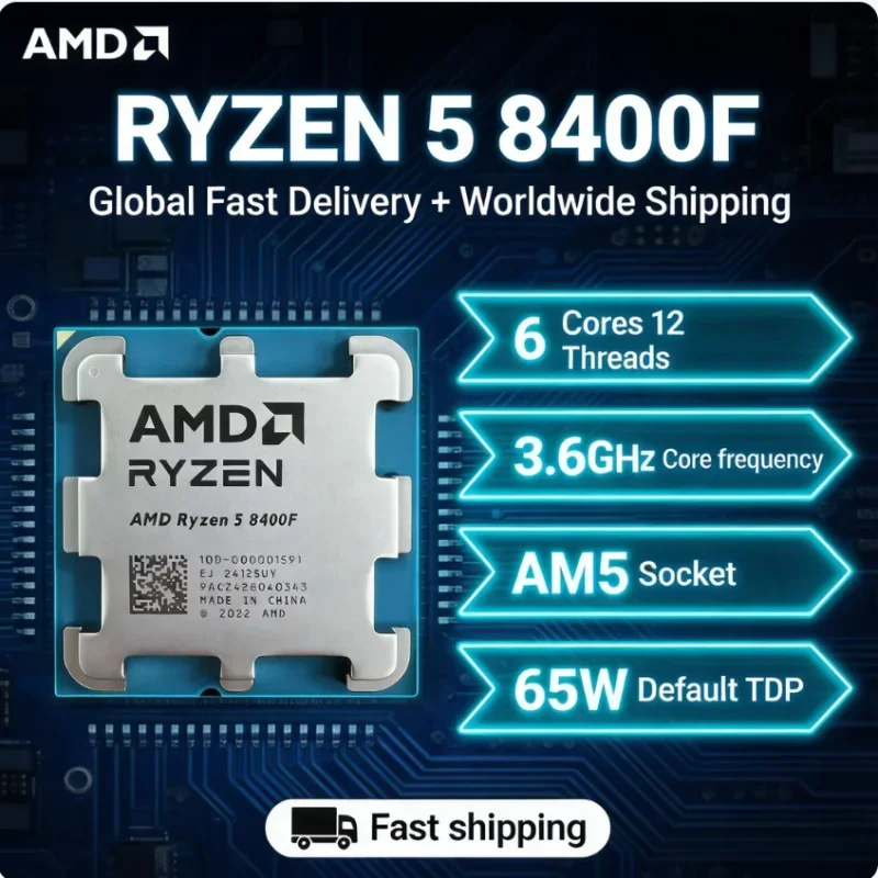 AMD 라이젠 5 8400F 내장 그래픽 없는 게이밍 CPU 6코어 12스레드 4.7GHz 16MB 캐시 AM5 DDR5 65W 4nm 트레이 쿨러 없음