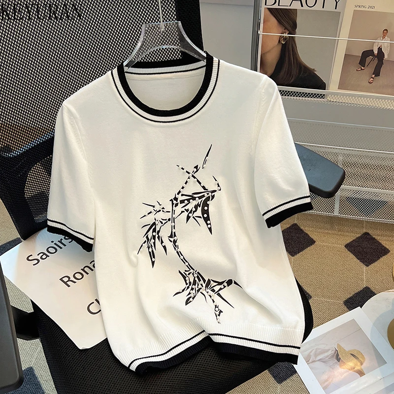 

Женская трикотажная футболка с коротким рукавом, черная или белая Свободная Повседневная футболка с принтом и бусинами, лето 2024