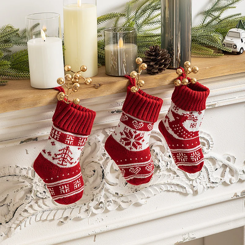 Knitted Christmas Socks Christmas Decoration Christmas Gift Bag Knitted Red Socks Pendant Decoration