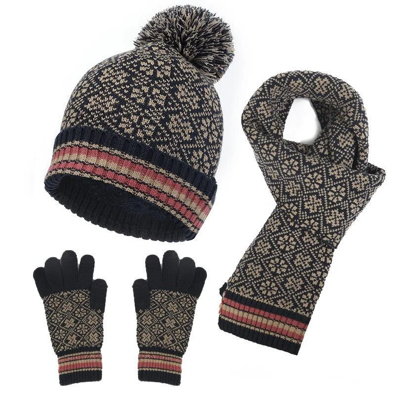 Nuovo guanto in maglia jacquard, sciarpa da donna per protezione dal freddo per l'autunno e l'inverno, set da tre pezzi per uomo_voghion.com