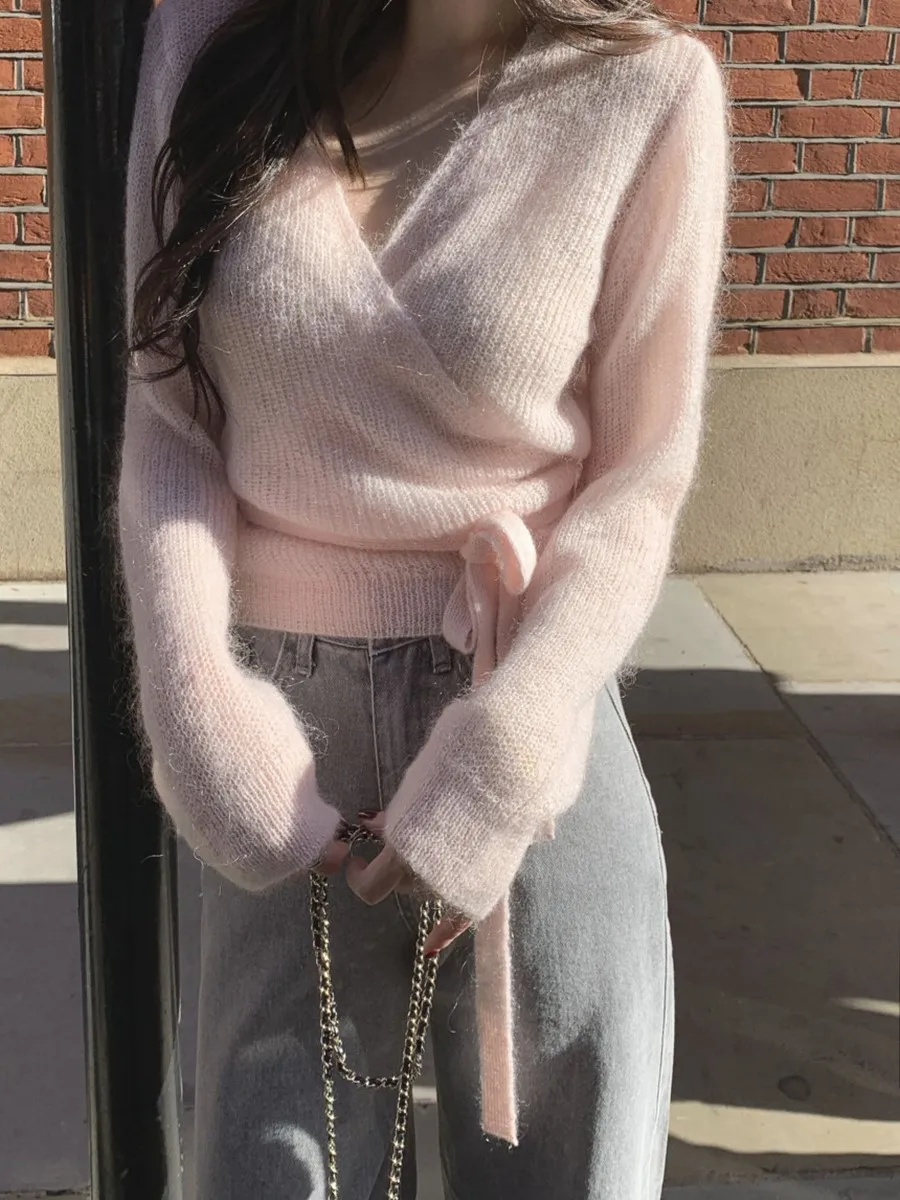Pink Lace-up Knitted Soft Sweater Cardigan Women New V-neck Long Sleeve Cute Sweaters Sweet Chic Elegant Knitwear Crop Tops Y2K