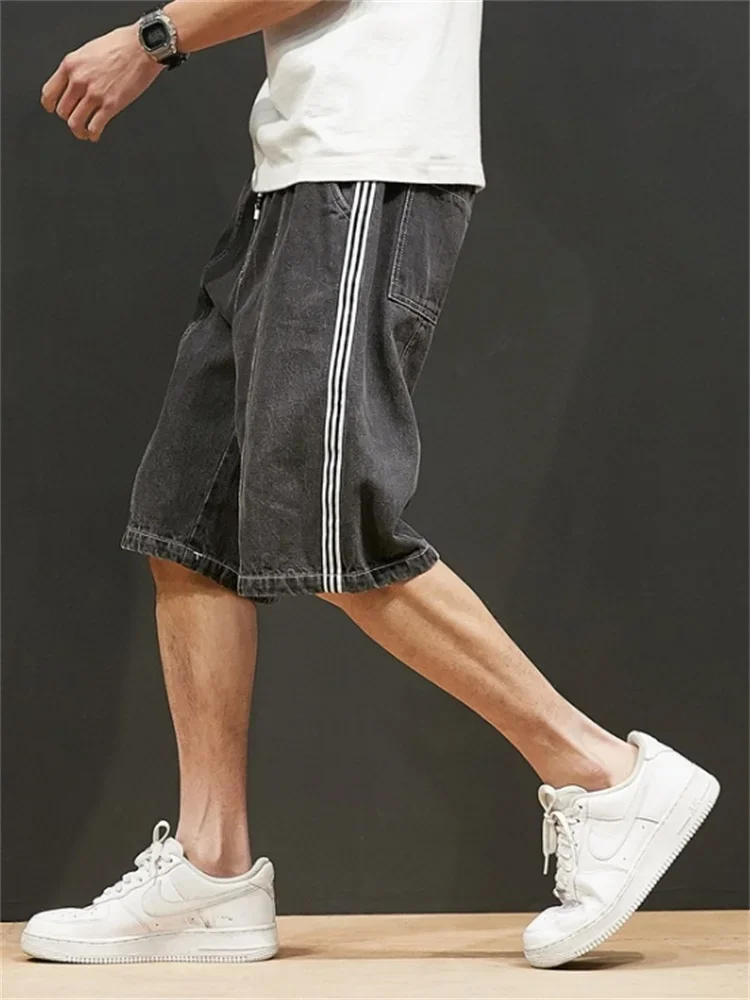 EH · MD® Oversized Loose Denim Shorts Men's Mid-length Pants Summer Thin Style Plus Fat Elastic Band Waist Pants Line Decoration