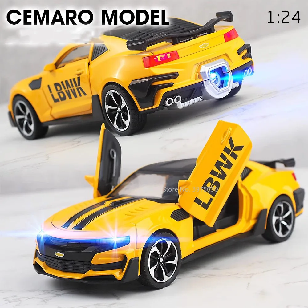 

1/24 Camaro Spray Alloy Car Model Metal Diecast Simulation Toy Vehicle with Sound Light Pull Back Decoration Boy Christmas Gifts