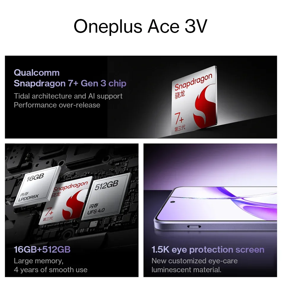 New Oneplus ACE 3V Snapdragon 7+ Gen 3 Octa Core NFC 6.74 Inch 120Hz 2.5D OLED Screen 50MP Camera 5500mAh Battery 100W SUPERVOOC