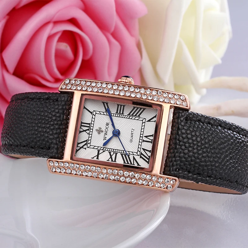 WWOOR Black Elegant Retro Women's Watch Square Luxury Women Quartz Wristwatch Ladies Waterproof Watch Simple Dress Female Clock