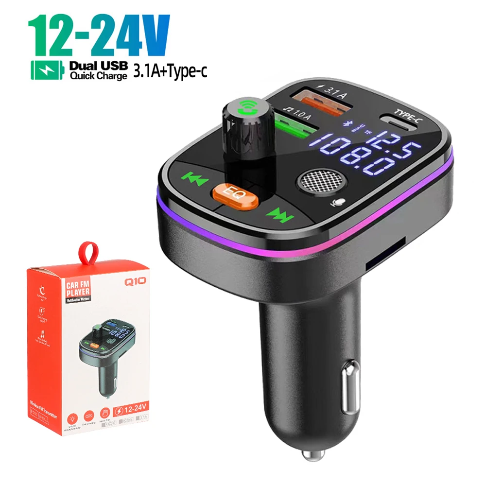 

Bluetooth 5.0 Car FM Transmitter Dual USB 3.1A Type-C Car Charger Ambient light Handsfree Car Kit Mp3 Player Support TF Card AE