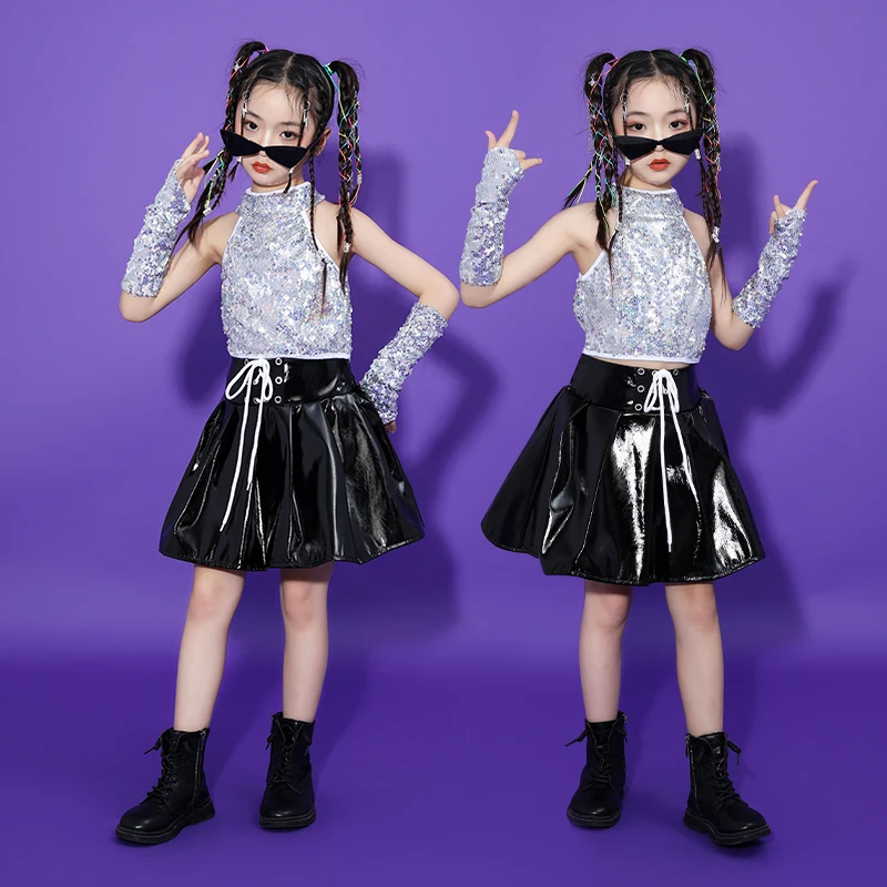 

Teenage Girls Sequined Stage Showing Outfits Hip Hop Clothing Crop Tank Tops Skirt For Kids Jazz Dance Costume Street Clothes