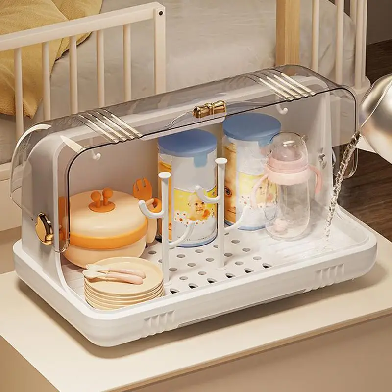 Baby Nursing Bottle Drying Rack With Removable Drip Tray Dust-proof Portable Baby Bottle Storage Box With Lid Feeding Station