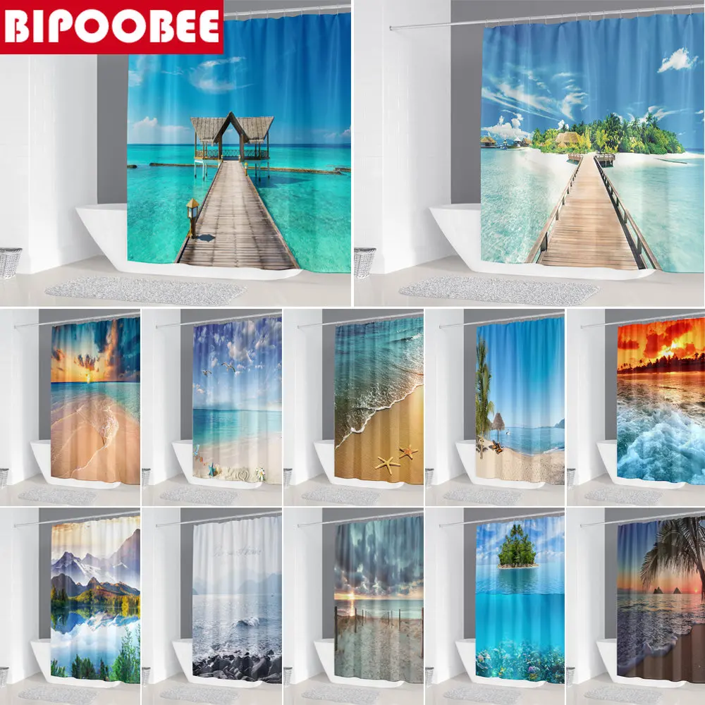 

Ocean Bridge Printed Shower Curtain for Bathroom Decor Sea Scenery Beach Waterproof Polyester Fabric Bath Curtains with Hooks