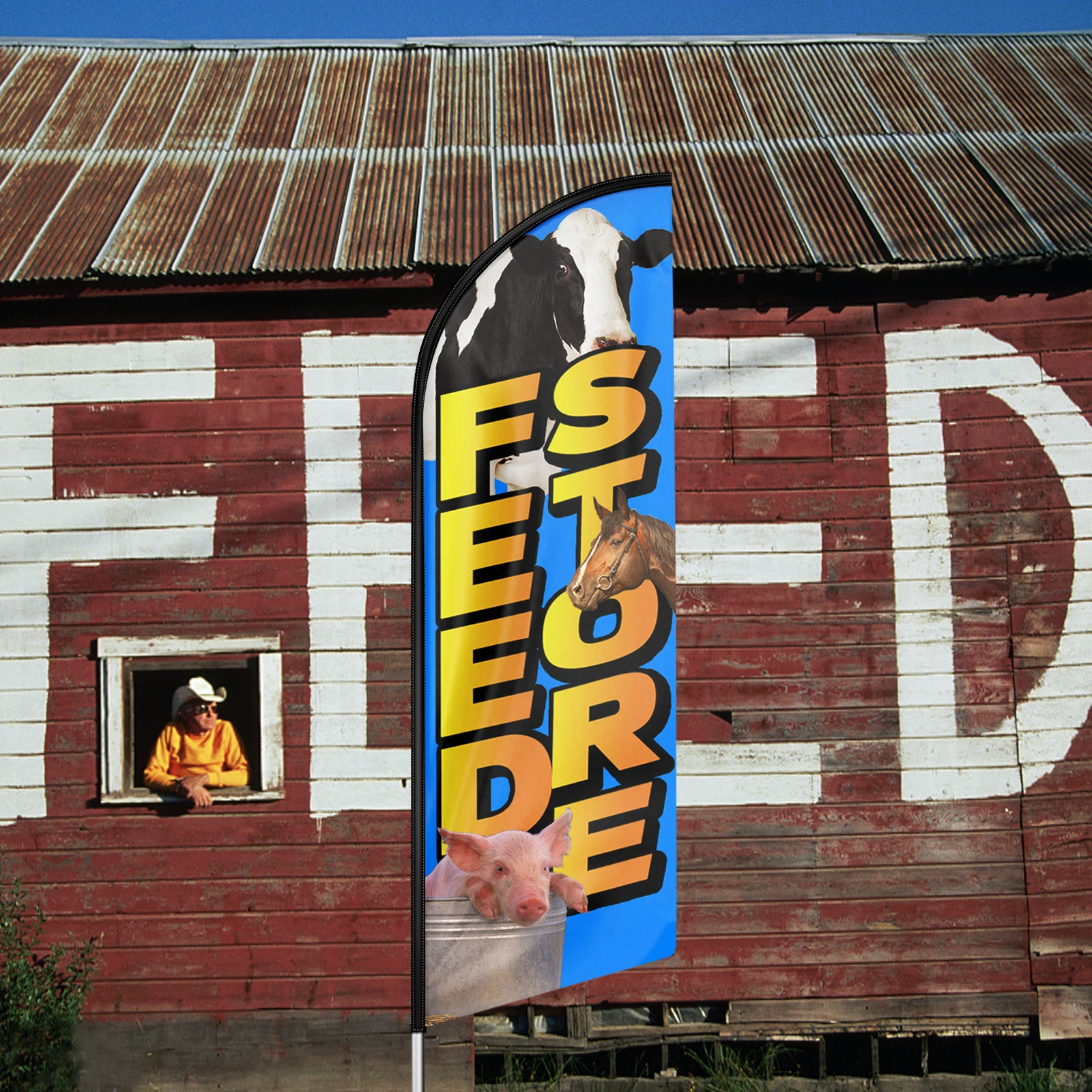 

Feed Store Advertising Flag Outdoor Business Swooper Printed Flying Banner Exhibition 7.6Ft✖2.1Ft with Pole Kit and Ground Spike