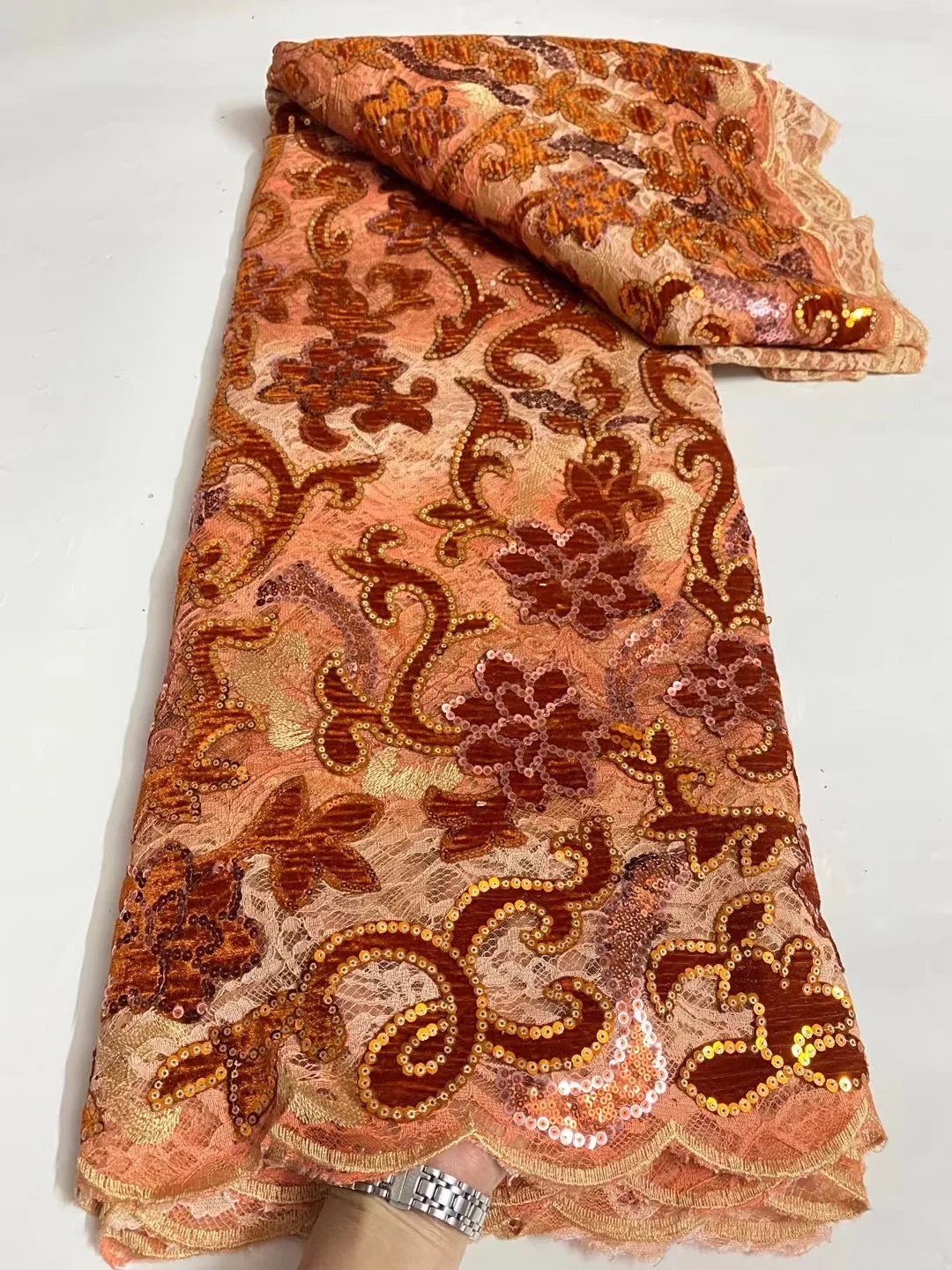 

Burnt Orange African Velvet Lace Fabric 2023 High Quality Nigerian Sequins Mesh Lace Fabric French For Wedding Party Dresses Sew